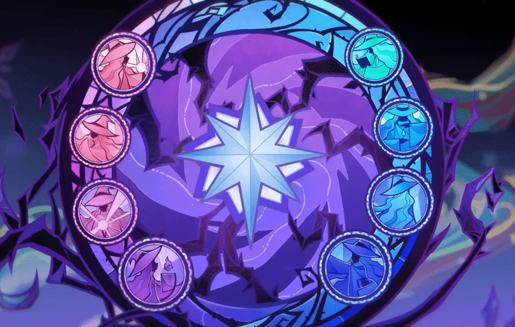 Official promotional art for Genshin Impact's Hexenzircle, showing a spellbook with symbols for Venti, Klee, Albedo, and others.